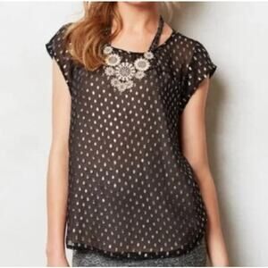 Meadow Rue Anthropologie black & silver dot print silk cap sleeve top size M